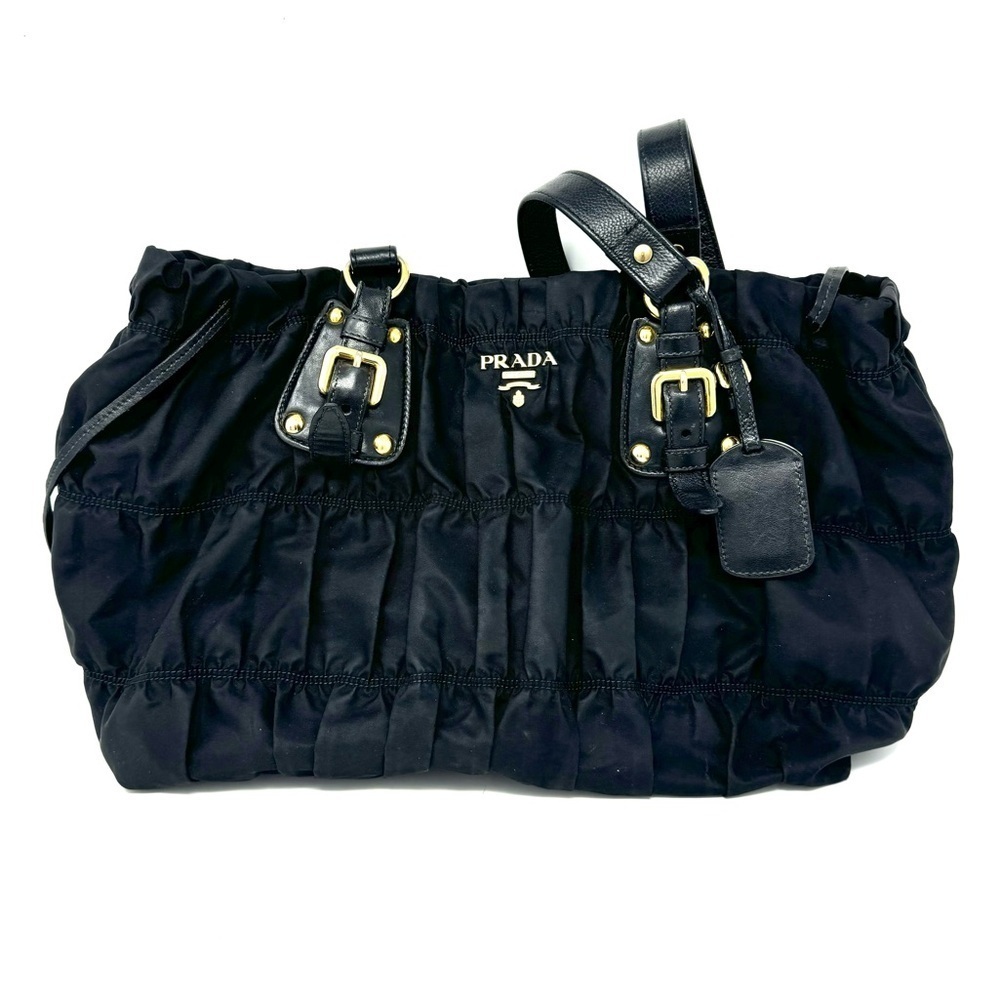 Prada Tessuto Gaufre Nylon Black Satchel Bag – Pleated, Leather Trim - Picture 2 of 13